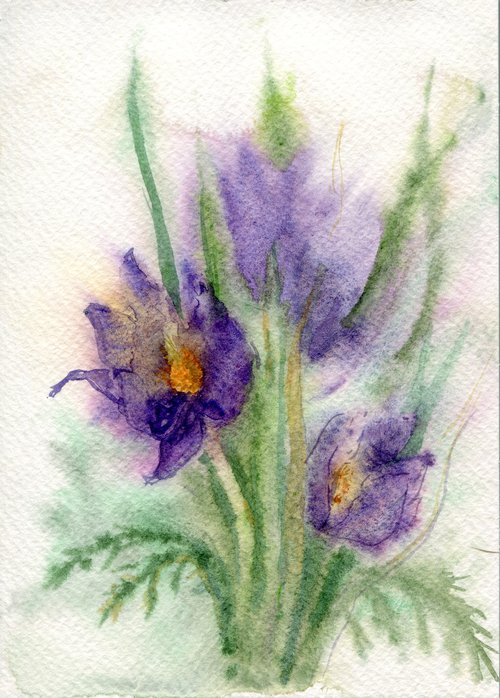 Original watercolor violet flowers bouquet by Liliya Rodnikova