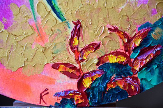 Hawaiian abstract flowers round acrylic and oil painting