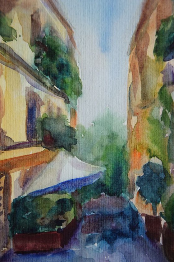 Italy old town original watercolor painting, summer abstract cityscape Europe