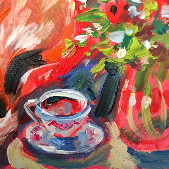 Fox Tea Time. Oil Painting