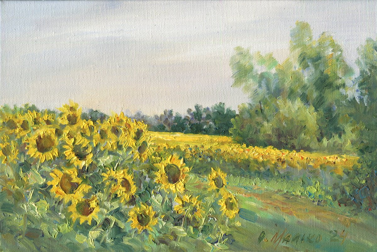 Impressionistic Landscape Oil Painting By Olha Malko, 12 X 8", Sunflower Wind, Original Artwork