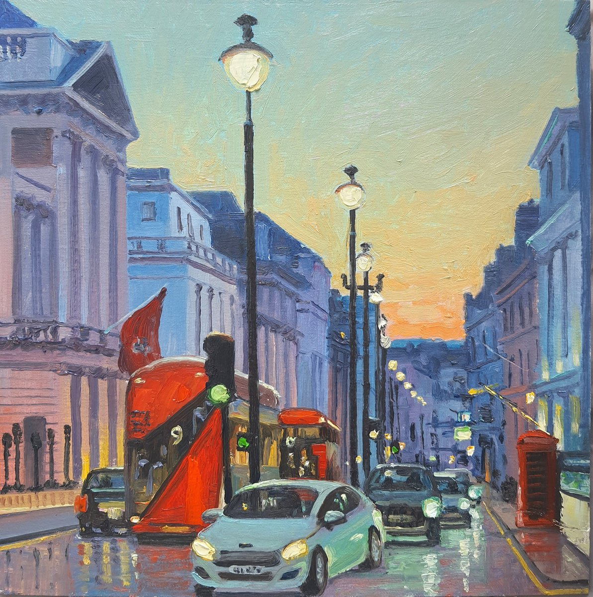 Impressionistic Cityscapes Oil Painting By Roberto Ponte, 14 X 14", Pall Mall London, Original Artwork