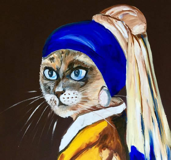 Siamese Cat with the pearl earring. Feline art. Blue eyes. Gift idea for cat lovers