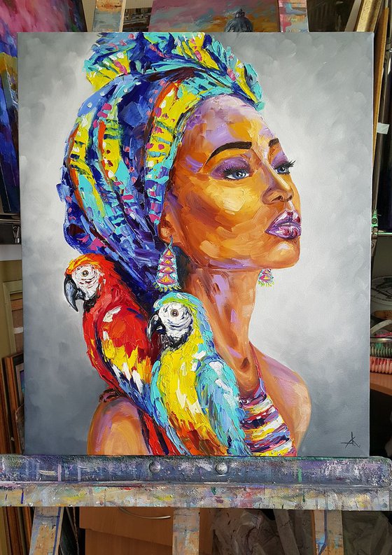African woman - oil painting, Africa, african woman, woman oil painting, parrots, original oil painting