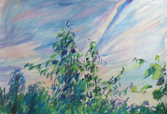 Birch trees in the wind. Gouache on paper. 61 x 43 cm