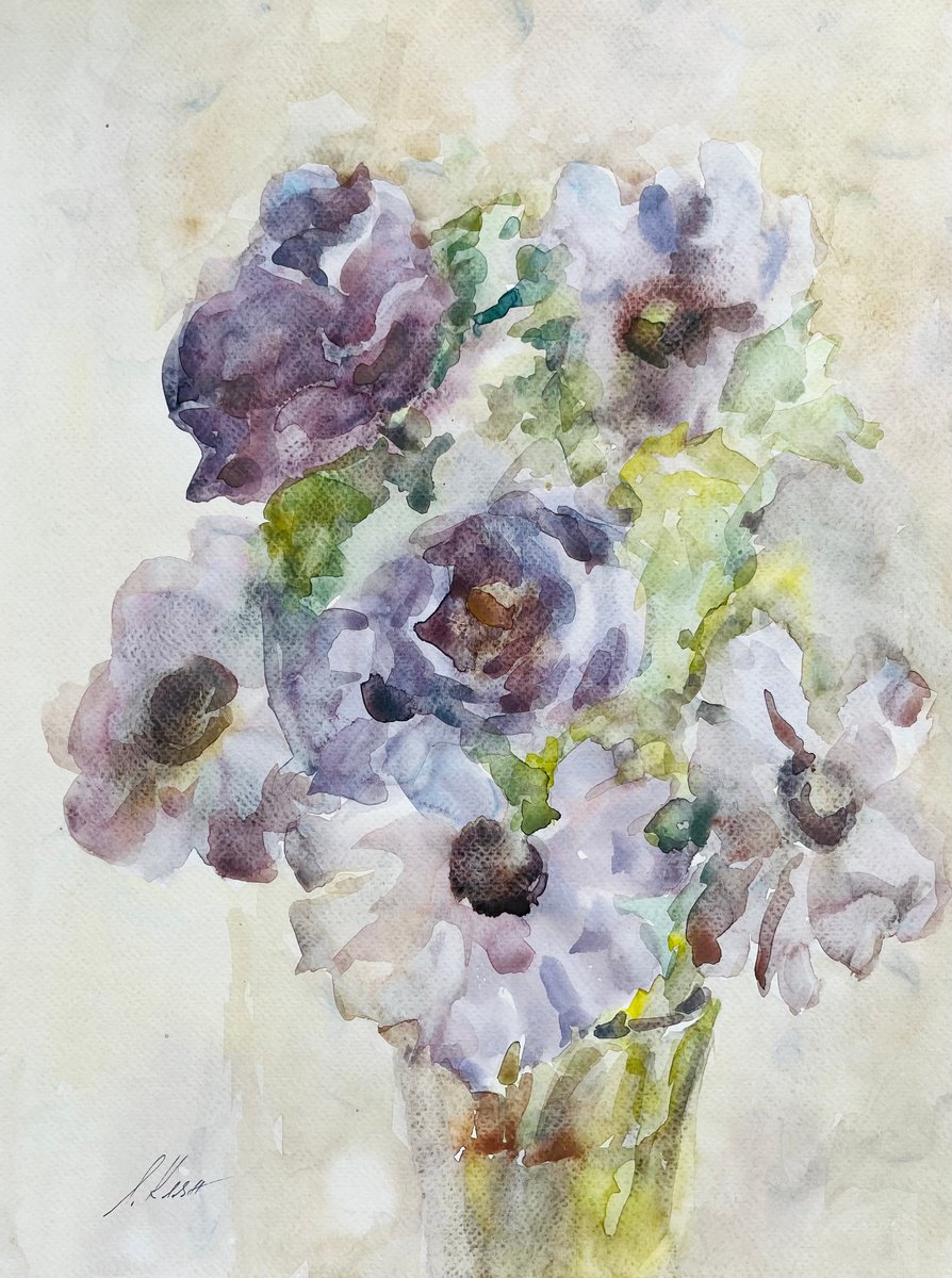 Impressionistic Still Life Watercolour By Elena Klyan, 12 X 16, Anemones 10, Original Artwork