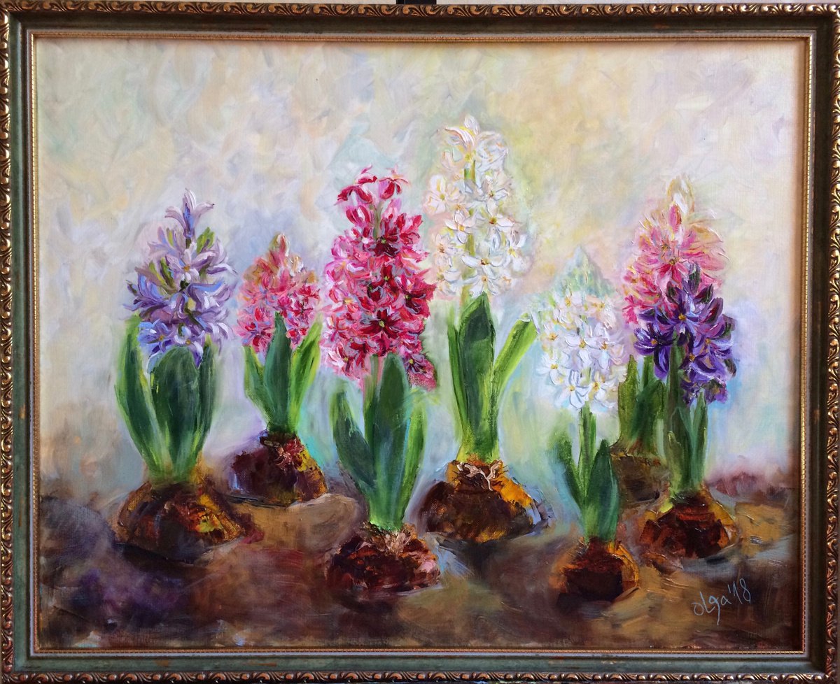 Flowers oil painting - Floral original artwork - Hyacinths framed canvas - Gift idea for w... by Olga Ivanova