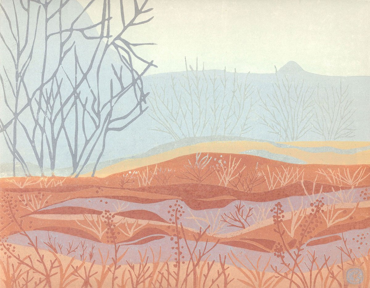 Landscape Linocut By Kate Goetz, 13 X 11", Autumn Mists, Original Artwork
