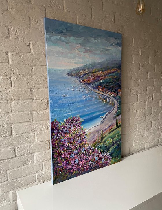 Lagoon sea view. Original oil painting. Flowers