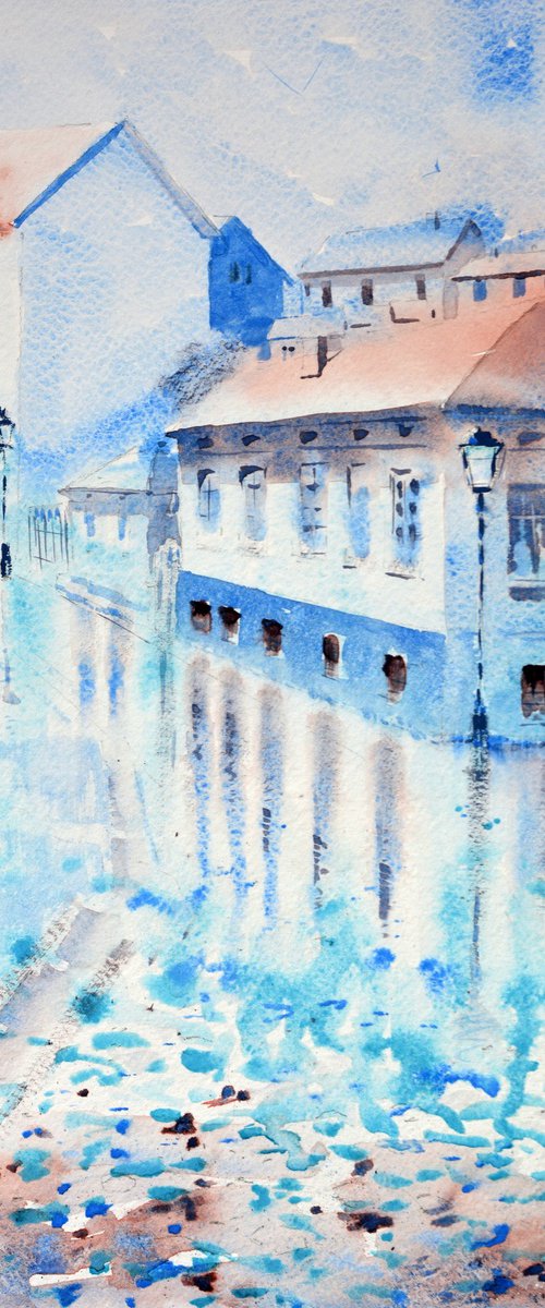Blue and wet Skadarlija Belgrade 25x36 cm 2024 by Nenad Kojić watercolorist