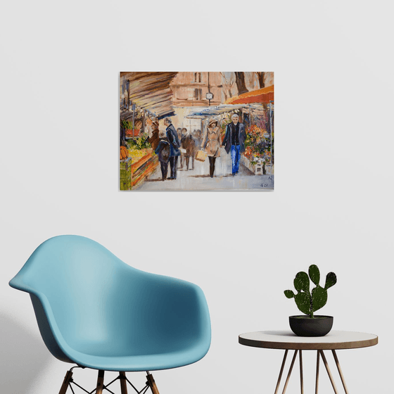 Market in Montmartre. Parisian series. Original oil painting. City landscape street view typical scene. Medium size painting