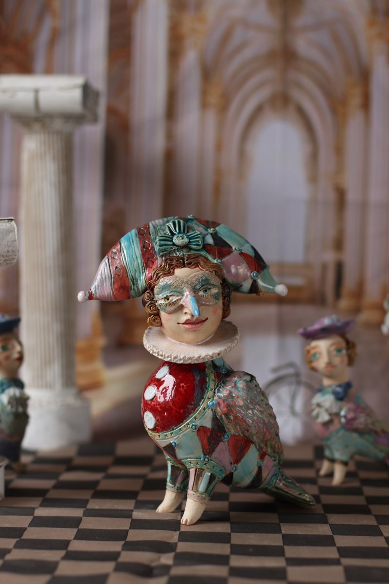 Surrealistic Clay Sculpture , Harlequin Bird 2025 By Elya Yalonetski, 7 X 9, Artwork For Sale On Artfinder