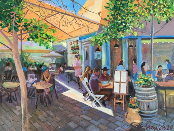 Cafe, people eating, cityscape oil painting