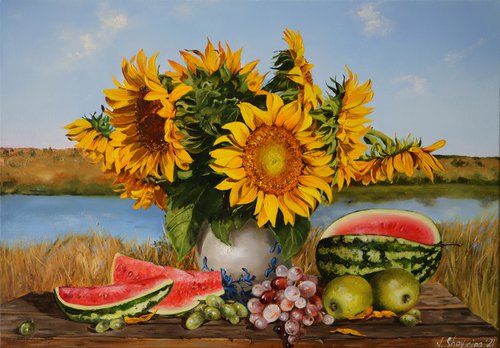 A bouquet of sunflowers in a blue and white vase by Natalia Shaykina