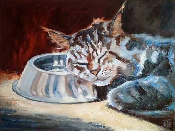 Night Watch, Cat Oil Painting Maine Coon Original Art Funny Sleeping Cat Artwork Pet Portrait Wall Art 40x30 cm