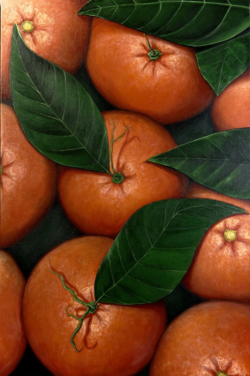 Photorealistic Still Life Acrylic Painting By Elena Adele Dmitrenko, 24 X 36, Tangerines Party, Original Artwork