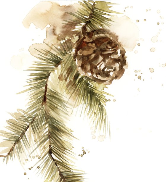 Pine Tree Branches with Pine Cones watercolor paintings 3 set