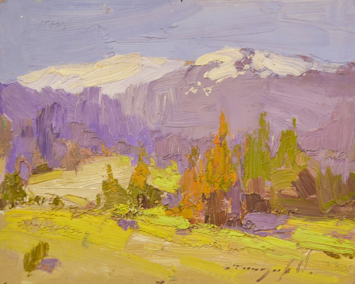 Impressionistic Landscape Oil Painting By Alexander Shandor, 10 X 8, Snow-Covered Mountain, Original Artwork