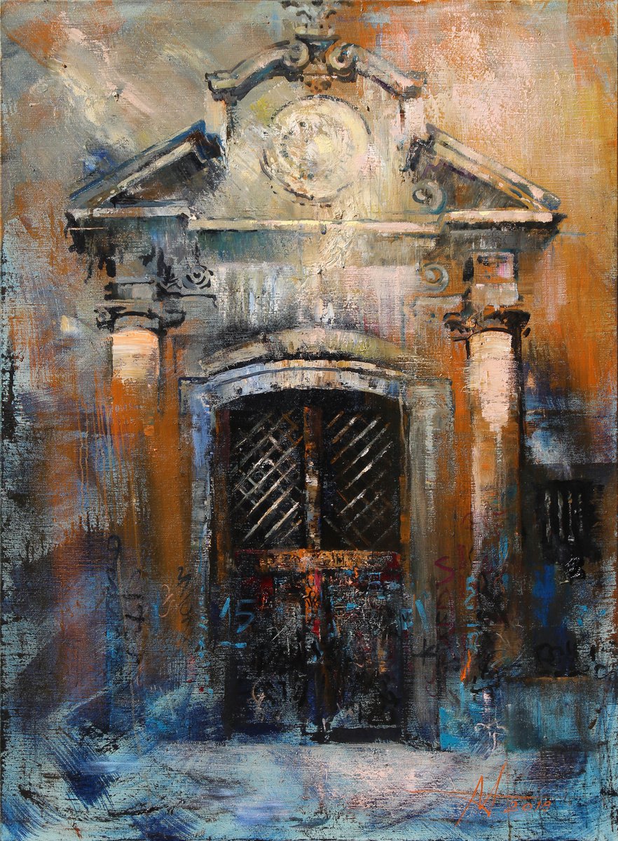 Expressive Cityscapes Oil Painting By Anatoliy Menkiv, 49 X 67, Door # Fifteenth, Original Artwork