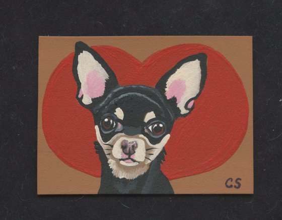 ACEO ATC Original Painting Black and Tan Chihuahua Valentine Pet Dog Art-Carla Smale