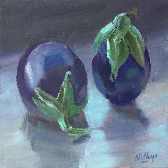 Small Painting - Eggplant reflections - One of a kind artwork, Home decor, Still Life