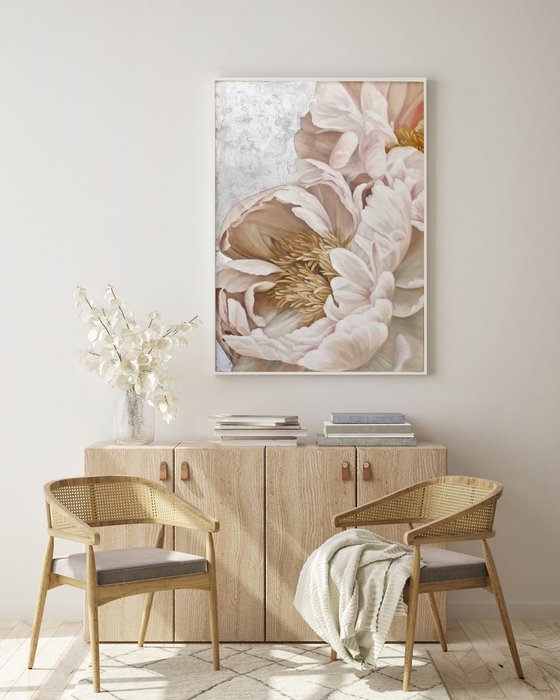 "Silk Flowers" Pink silver peonies oil art