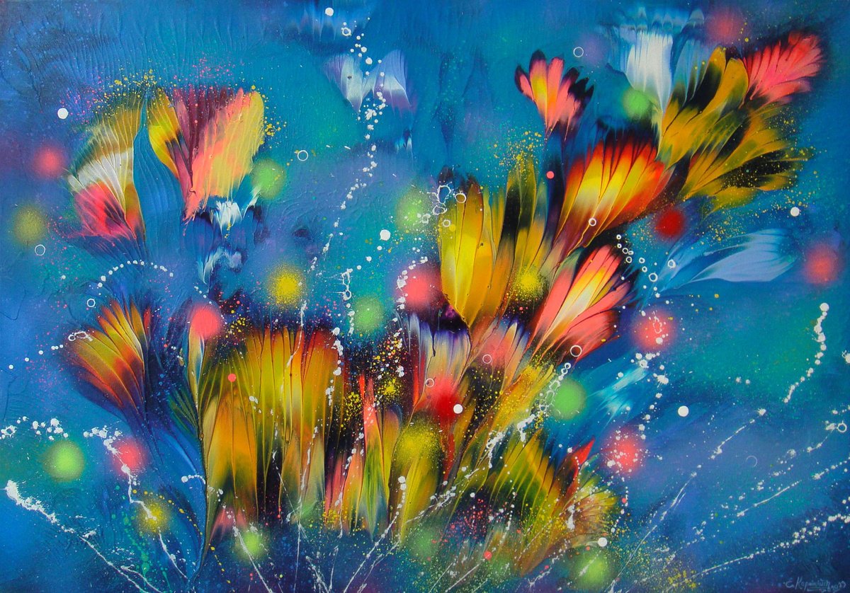 Abstract Botanical Acrylic Painting By Irini Karpikioti, 39 X 28, Evening Floral Breeze, Original Artwork