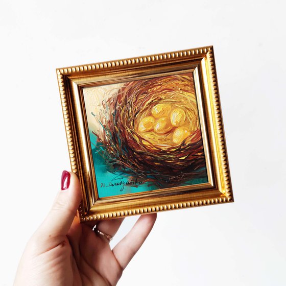 Golden eggs miniature oil painting wall art framed, Nest oil painting original 4x4 in frame,