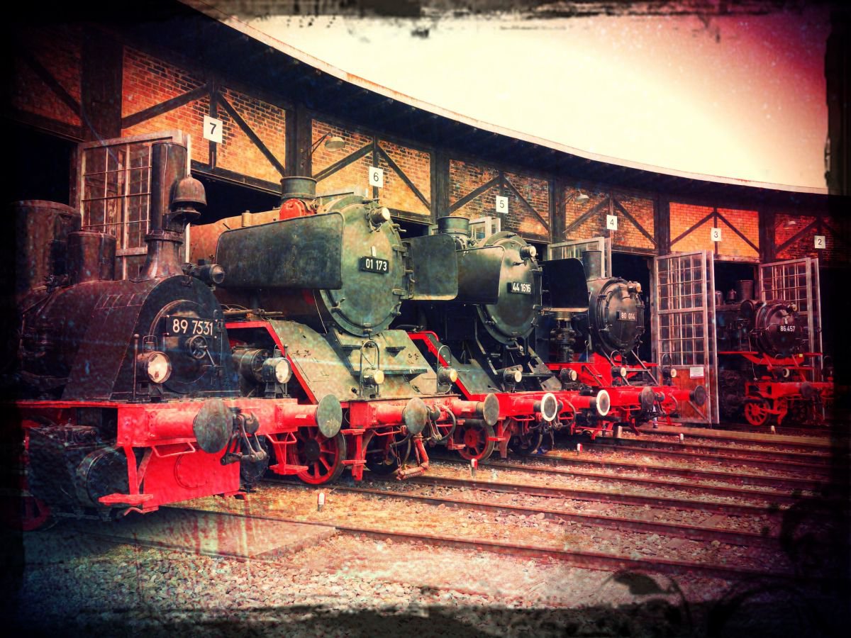 Old steam trains in the depot - print on canvas 60x80x4cm - 08504m3 by Kuebler