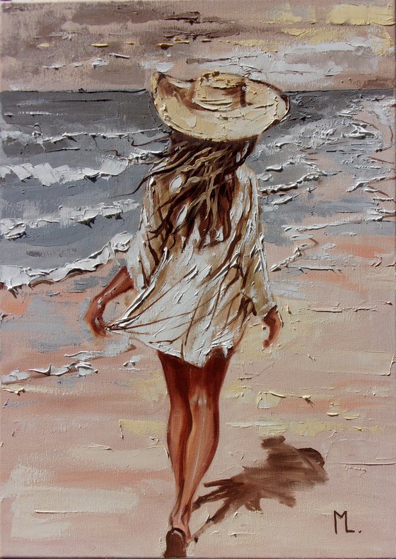 " ON THE BEACH " SUN SKY SEA SAND liGHt  ORIGINAL OIL PAINTING, GIFT, PALETTE KNIFE