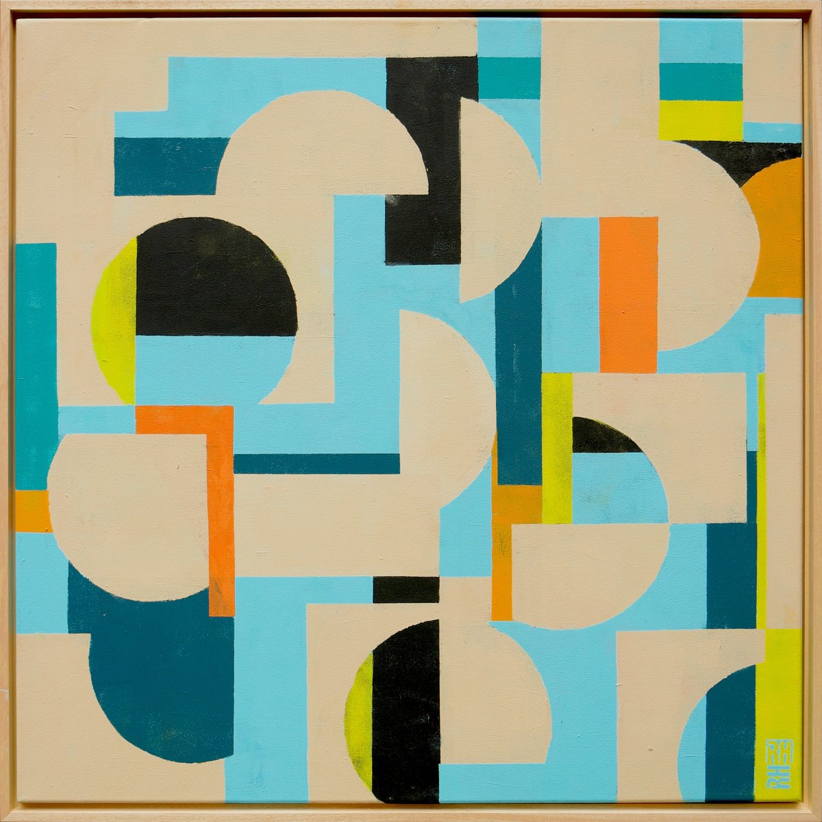 Abstract Acrylic Painting By Ronald Hunter, 33 X 33", Circle In Circle The Maze Blue, Original Artwork