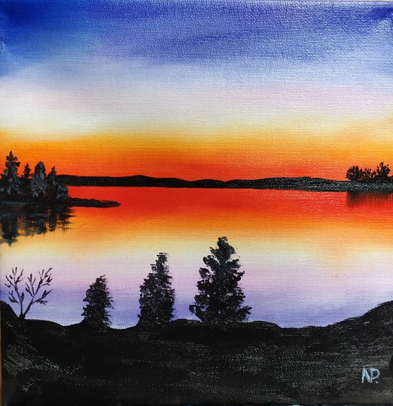 Small Painting, 5x5, Sunset painting, Landscape Painting, Wall