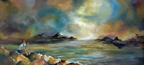 Realistic Sunrise Colorful Landscape Oil Painting with numerous glazes on the water that reflects the sky 10x20 framed