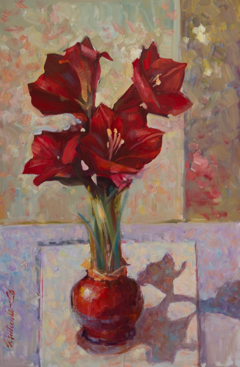 Expressive Still Life Oil Painting By Sergei Yatsenko, 24 X 36", Red On A White Background, Original Artwork