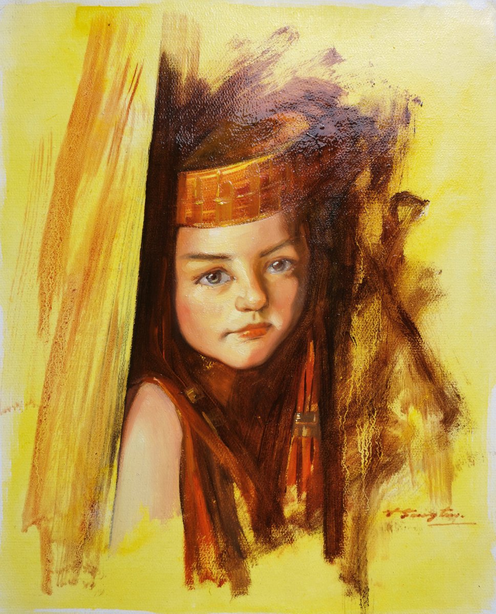 Typographic Portrait Oil Painting By Hongtao Huang, 11 X 13, Portrait Of Cute Girl, Original Artwork