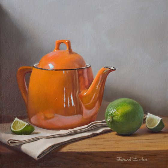 Orange and Lime original still life oil painting, photorealistic art by David Barber