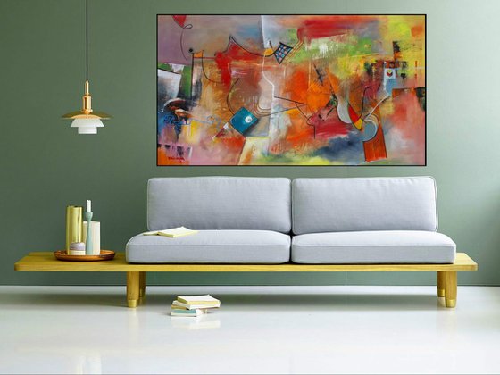 The Heat Of The Day, Large abstract painting, Original art, Oil on canvas, horizontal painting 82x145 cm, red tones