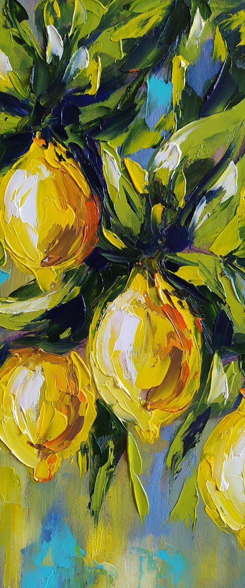 In lemon tones - lemon, oil painting, lemons oil painting, lemons on the tree, nature by Anastasia Kozorez