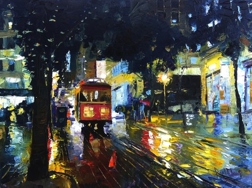 Night San Francisco Street Rain Reflection by Paul Cheng