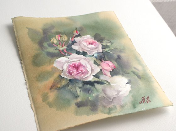 Pink roses on green, Rose garden in watercolor