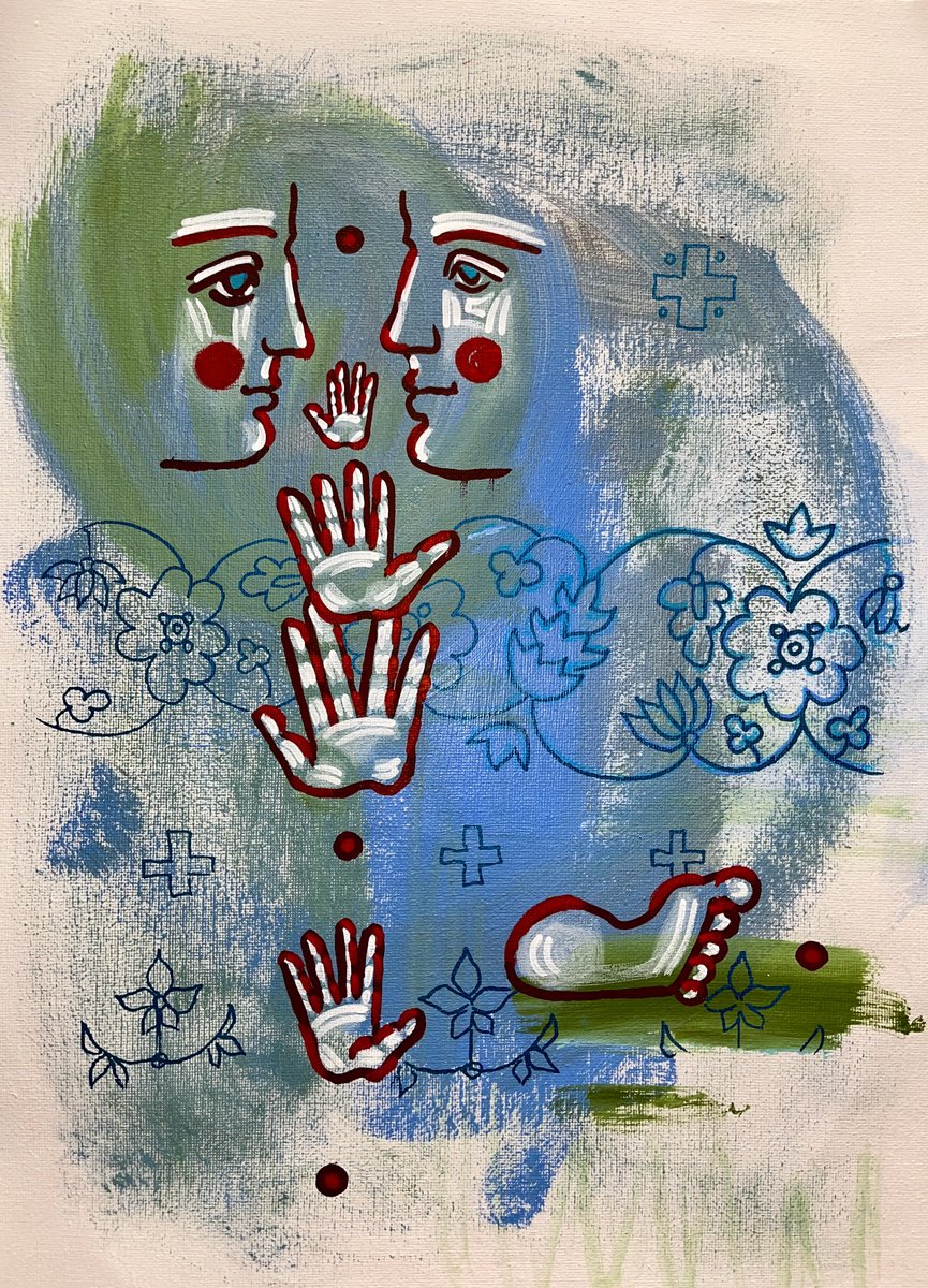 Naive Portrait Acrylic Painting By Yuliia Chaika, 12 X 16", A Conversation Between Two, Original Artwork