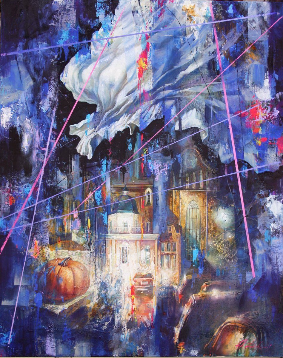 Surrealistic Cityscapes Oil Painting By Alexandr Dobrodiy, 31 X 39, Night On The Town., Original Artwork