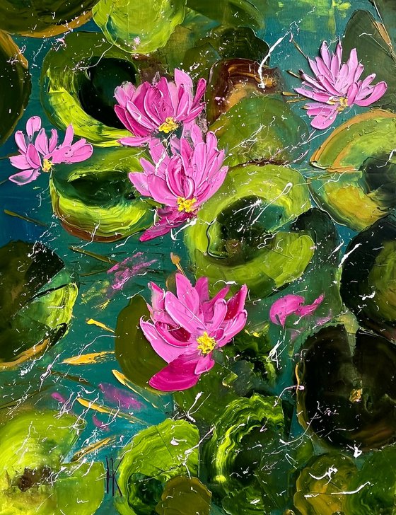 Water Lily Painting Floral Original Art Lotos Flower Oil Impasto Canvas Artwork Home Wall Art 14 by 18" by Halyna Kirichenko