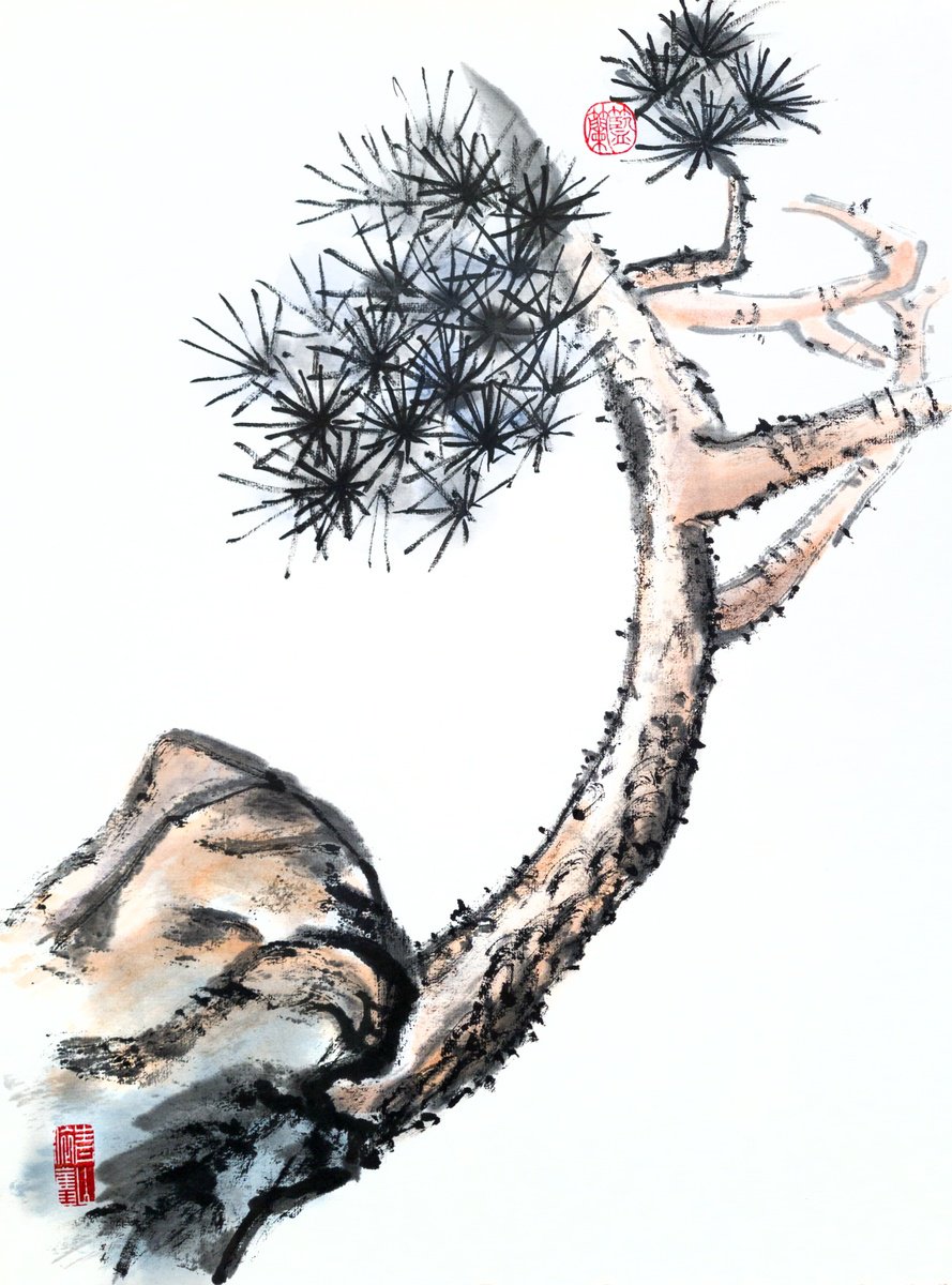 Lonely pine - Oriental Chinese Ink Painting by Ilana Shechter