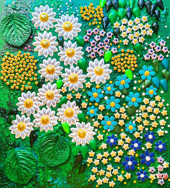 Daisies and forget-me-nots in colorful summer garden. Flowers bas-relief, mosaic