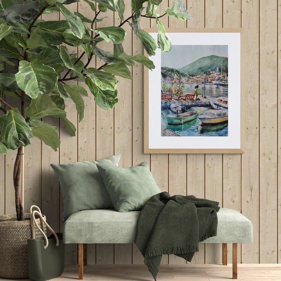 The beautiful port of Jelsa, Hvar | Original watercolor painting (2022) Hand-painted Art Small Artist | Mediterranean Europe Impressionistic