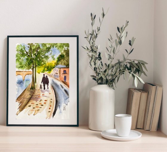 Paris Painting Cityscape Original Art Couple Watercolor Walking Dog Artwork Street Scene Small Home Wall Art 7 by 10" by Halyna Kirichenko