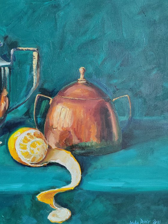 Antique teapot with sugar bowl still life original oil painting 16x20''