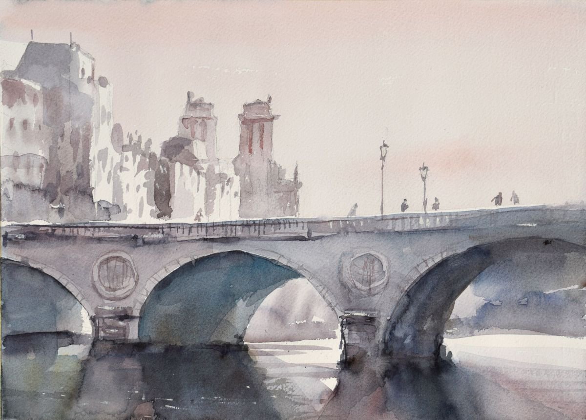 Cityscapes Watercolour By Goran Zigolic Watercolors, 15 X 11, Pont Au Change, Notre Dame ,Paris, Original Artwork