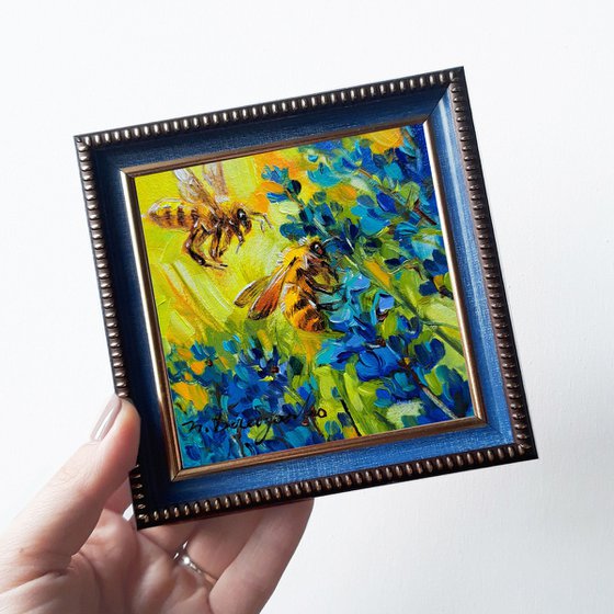 Bee oil painting original art blue flower, Bee wall art picture frame